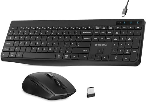 KOORUI Wireless Keyboard and Mouse, Rechargeable Silent Mouse Keyboard Set UK Layout QWERTY with 12 Function Keys 2.4 GHz Keyboard Mouse Set for Windows, MacOS, Linux-Black