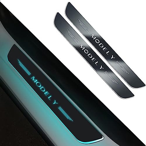 JLVVW 2pcs Car Door Sill Plates, Kick Pedal, LED Illuminated Threshold Strip, Protector Sticker, Interior Decoration Accessories, For Tesla Model Y 2021-2023