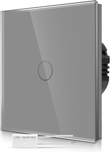CNBINGO Dimmer Touch Light Switch - Grey Wall Switch with Glass Panel and Status LED Backlight - Dimmer Switch for Dimmable LED with a Free Adapter - 1 Gang