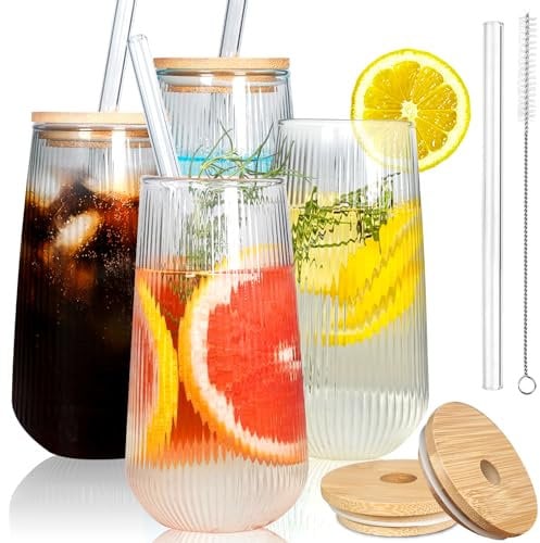 18oz Vintage Ribbed Drinking Glasses Cups Set of 4, Ribbed Glassware with Bamboo Lid and Straws,Water Glasses for Juice, Beer, Coffee, Tea and Cocktail (Clear (4Pcs))