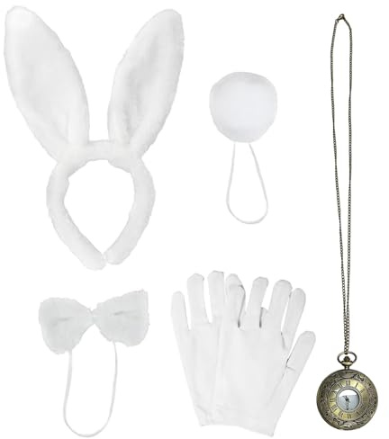 UILYNIU 5 Pièces Blanc Accessoires de Costume de Lapin Enfants Adultes Oreilles de Lapin Nœud Papillon Gants Blancs Queue de Lapin Horloge Deguisement Lapin pour Pâques Fête Halloween