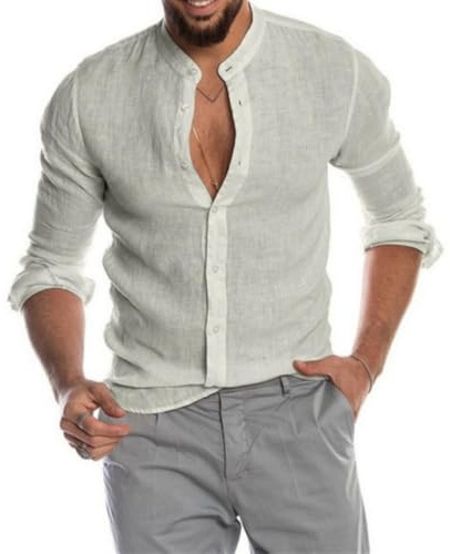 Chemise en Lin Homme Manches Longues Été Coton Chemises Henley Shirt de Couleur Unie Leger Respirant Casual de Plage Regular Fit Chemises L'été
