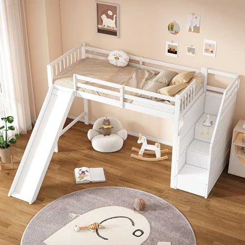 Merax Hochbett Kinderbett 90 x 200 cm, mit Lattenrost, Ablageleiter, Rutschbahn und sicherem Zaun, aus Kiefernholz & MDF, für Jungen und Mädchen, Ohne Matratze, weiß12