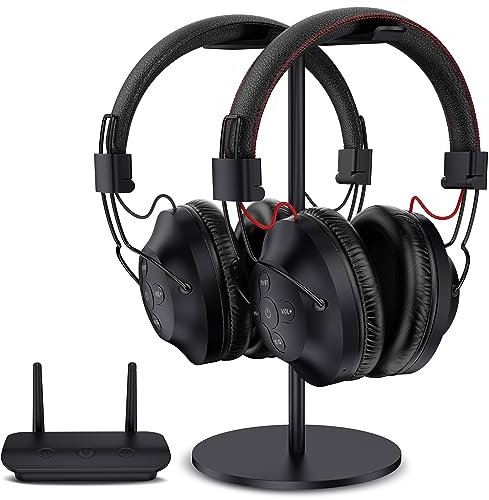 ROSIDA Cuffie wireless doppie per guardare la TV con trasmettitore, supporto per cuffie, cuffie TV per anziani, gamma 295FT con ottica, AUX, RCA, USB, controllo alto volume, lunga durata, nessun
