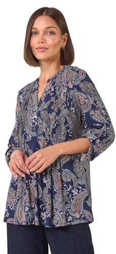 Roman Originals Pintuck Shirt for Women Ladies Jersey Blouse Collarless Top Flare Crinkle Notch Neck Tunic 3/4 Length Sleeve Longline Smart Casual Party Going Out - Navy Multi - Size 18