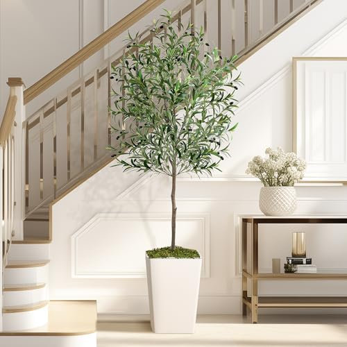 Ulivi artificiali da interni, 1,8 m, in finta seta, con vaso, foglie realistiche e tronco di legno naturale, alberi finti con frutti realistici, per casa, ufficio, camera da letto, soggiorno,