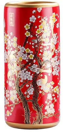 Porte-Parapluies Vintage En Céramique 44cm Haut Porcelaine Peinte Rouge Multifonctionnelle Porte-Parapluies Chinois En Céramique Ornements Cylindriques Calligraphiés Pour L'intérieur Maison L'entrée