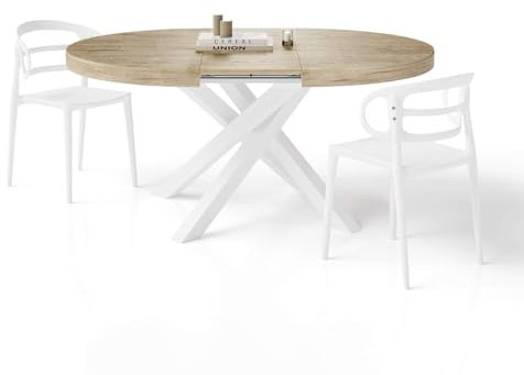 Moderner runder ausziehbarer Tisch 120 160 cm Eiche weiß gekreuzte Beine Made in Italy