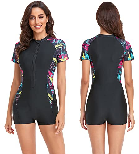 KTMOUW Women's One-Piece Swimsuits with Removable Bra Pads Swimming Costume Women Short Sleeve Boyleg Athletic Training Bathing Suit with Print and Zip Black M