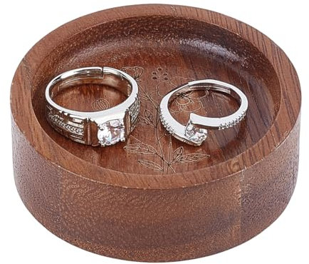 PH PandaHall Wooden Ring Dish Engraved Rings Holder Jewellery Tray Dish Round Wood Ring Dish Jewellery Display Tray with Flower Engraving for Wedding Engagement Bridal Shower Gift Anniversary 6.7cm