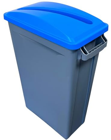 Chabrias Ltd 87 Litre Slim Bin Recycling Container, Space Saving Design, Rectangular for Home, Office, Kitchen – Commercial Product Vented Slim Waste Receptacle Bin (1, Grey & Blue Paper Lid)