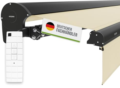 empasa Elektrische Kassettenmarkise 'Expert' Gelenkarmmarkise Markise Sonnenschutz mit manuell ausfahrbarem Volant, komplett vormontiert, Farbe:Elfenbein, Größe:3.5 x 2.5 m