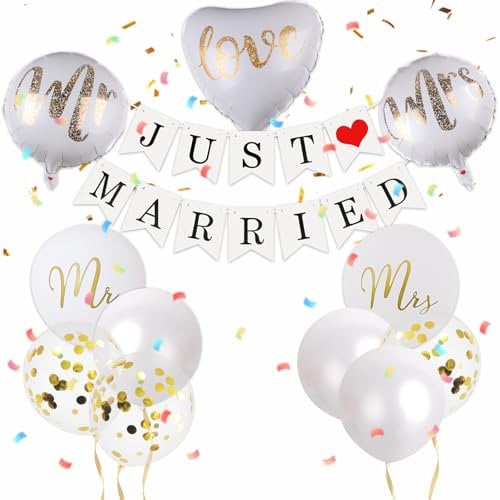 Zamety Just Married Deko, Just Married Girlande, Mr & Mrs Deko Hochzeit, Brautpaar Hochzeit Deko, Perfekte Hochzeitsdekoration Gelten für Verlobung Hochzeitsfeier