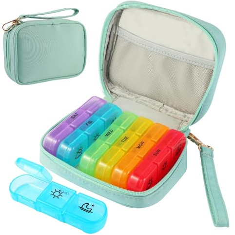 Travel Pill Organiser 3 Times a Day, 7 Days Pill Box with Large Opening and Handle, Pill Organiser Travel Tablet Box with for Vitamins, Fish Oil Capsules, Tablets and Supplements (Green-M)