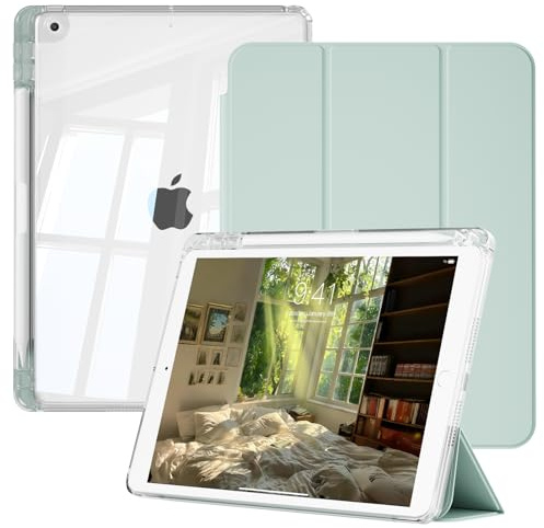 ZOPSGYU Case for iPad 9th Generation 2021, iPad 8th/7th Generation (2020/2019) with Pencil Holder, Shockproof Frame with Clear Hard Back for iPad 10.2 Inch, Auto Sleep/Wake, Light Green