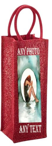 D&T Personalized Shimmer Jute Bottle Bag with Custom Photo & Text - Eco-Conscious Gift Wine Beer Liquor Carrying Tote - Reusable & Durable (Red Gold, One Size)
