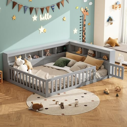 Kinderbett Bodenbett 140x200, Tagesbett Schlafsofa mit Staufach&USB-Anschlüssen, Montessori Bett Gitterbett Doppelbett Holzbett Bettgestell Jugendbett mit Rausfallschutz&Lattenrost, Ohne Matratze,Grau