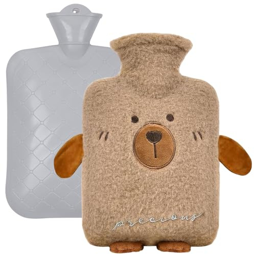 Wärmflasche mit Bezug, 1 Liter Wärmflasche Bezug Abnehmbar, Wärmflasche Tier Kinder mit Kuschelweichem Bezug, Wärmflaschen Auslaufsicher Hot Water Bottle Ideal für Schmerzlinderung,Krämpfe (Braun, 1L)
