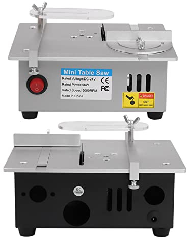 Mini Tischkreissäge, 96W Tischkreissäge mit 4 Kreissägeblättern, Schnitthöhe 0–15 mm, 7 stufige Leistungsregelung, Multifunktionale Tischkreissäges aus Aluminiumlegierung für Heimwer (Silber)
