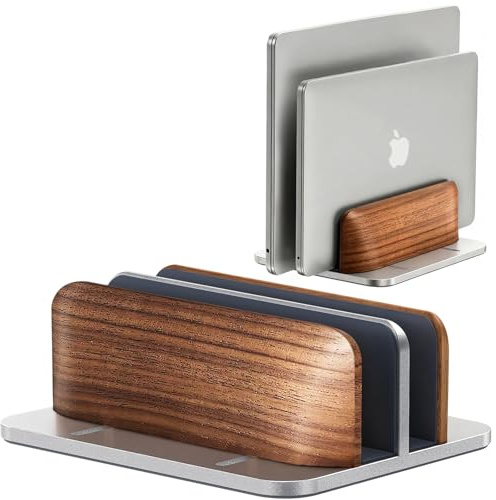 JCZT Vertical Laptop Stand, Walnut Dual Laptop Holder, Silver | with Adjustable Aluminum Alloy Base Laptop Stand for All MacBok/Surface/Samsung/HP/Dell/Chrome Book Laptops (Up to 17.3 inch)