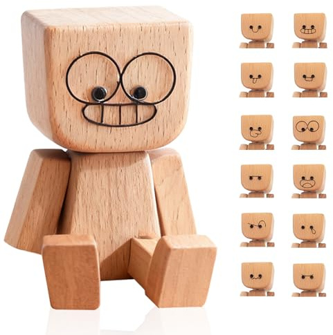 Swiftctrl Wackelnder Holzmann, Wackelfigur Auto Holzfigur mit 12 Austauschbaren Magnetischen Ausdrücken, Armaturenbrett Decor, Schüttelmann Holz–Geschenke für Männer, Vatertag (Bogen)