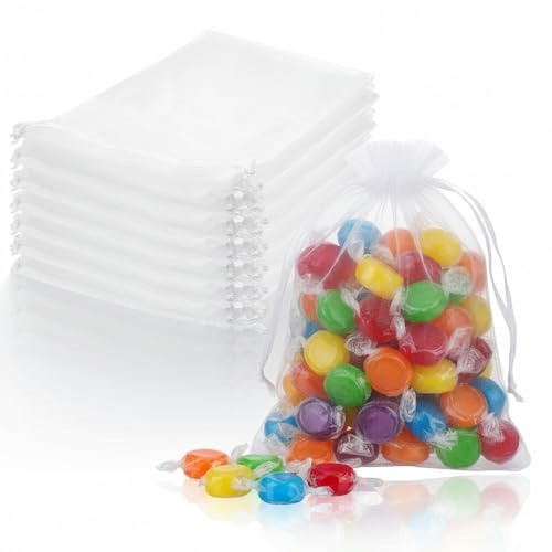 SHENLIU 50 Stück 13x18cm Organzasäckchen, Organza Geschenk Schmuckbeutel | Organza Beutel mit Kordelzug Transparent Geschenk Säckchen Für Weihnachten Gastgeschenk Hochzeit Taufe Geburtstag Party(Weiß)