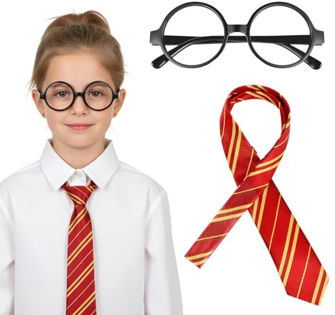 ZYLOUY Wizard Krawatte Cosplay Karneval Party Kostüme Zubehör Set, Brille Und Krawatte,Ideal Für Ein bisschen kleiner Brille (Rot + Brille)
