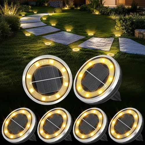 6 Pack Solar Ground Lights Outdoor Waterproof Garden Lights for Yard Lawn | Flat Solar Lights Outdoor Garden Outdoor Round Solar Spotlights for Pathway Yard Lawn Deck Decoration, Warm White