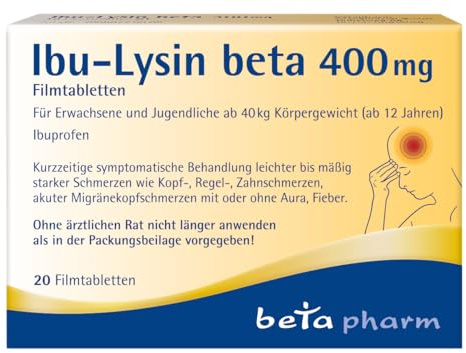 Ibu-Lysin beta 400 mg Filmtabletten mit 400 mg Ibuprofen-Lysin, 20 Stk. | Kopfschmerztabletten, Filmtabletten stark gegen Kopfschmerzen, Migräne & Fieber - für Erwachsene & Jugendliche ab 12 Jahren