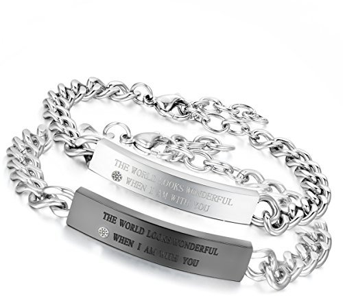 Flongo 2 Stück Partner Armband Freundschaftsarmbänder, The World Looks Wonderful When I Am with You Gravur Edelstahl Armband Armreifen Silber Schwarz Panzerkette Kette Partnerarmbänder Herren,Damen