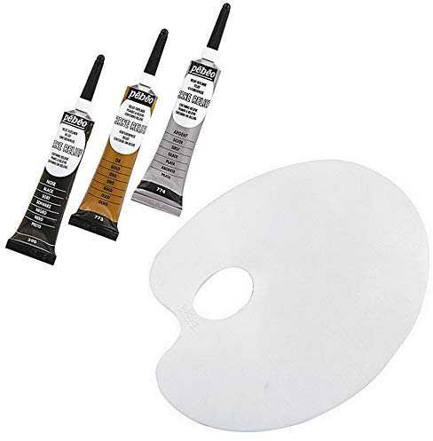 Lot de 3 Tubes de Cerne Relief Pébéo Tous Supports : Noir + Or + Argent + 1 Palette Ovale