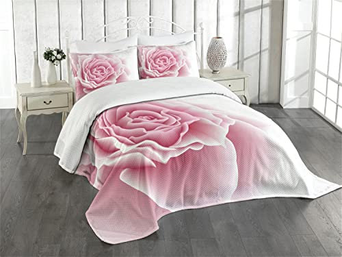 ABAKUHAUS Blassrosa Tagesdecke Set, Rosenblätter Schönheit, Set mit Kissenbezügen Romantischer Stil, für Doppelbetten 220 x 220 cm, Pale Pink White