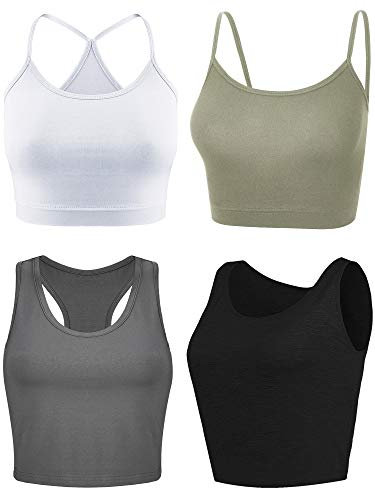 Boao Bauchfreies Oberteil für Damen, Basic-Tops, Workout-Tops, Spaghettiträger-Tank-Tops, ärmellos, Racerback, Cami für Sport, Fitnessstudio, 4-teilig, Schwarz, Weiß, Grau, Olivgrün, Klein