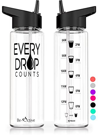 Be-Active Motivational Water Bottle with Straw – With Time Markings - Times to Drink – Tracker - BPA Free (Black)