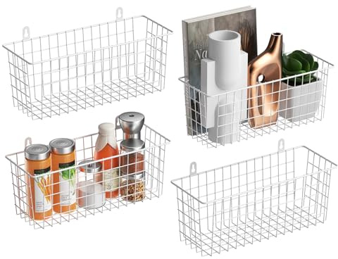 MaraFansie Drahtkorb, 4 Stück, extra groß, Wand-Organizer, Schrank, Aufbewahrungskorb, Wandmontage, Regale, rustikale Bauernhaus-Dekoration für Zuhause, Küche, Badezimmer, Weiß