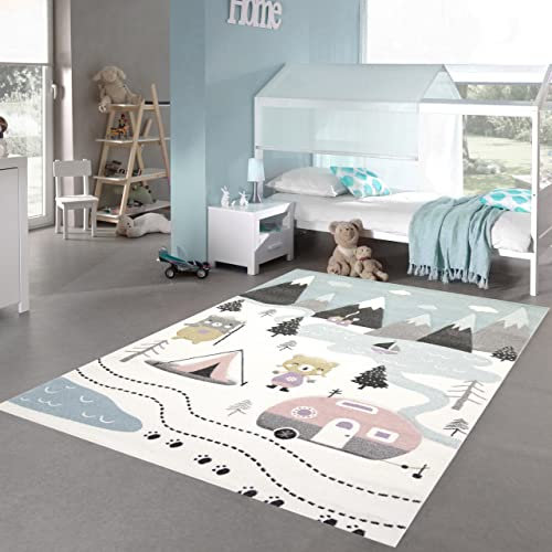 Teppich-Traum Kinderzimmer Teppich Spielteppich Bären Zelt Berge Camping Wohnwagen Tannen Fluss Creme pink grau, Größe 160x230 cm