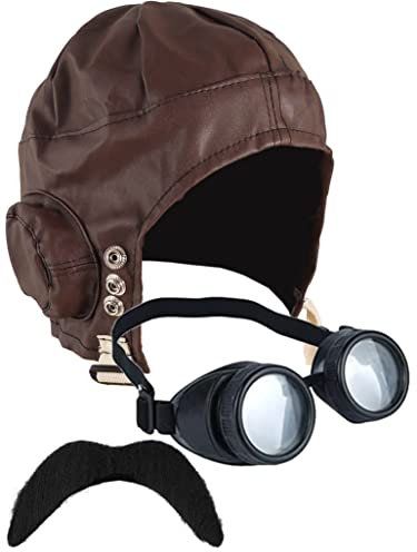 DreamzFit – Fliegerhut für Herren und Damen, Steampunk-Brille und Schnurrbart der 1940er Jahre, Kriegszeit, Erwachsene, Kostümzubehör (Aviator-Piloten-Set, 3-teilig)