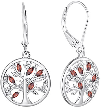 JO WISDOM Orecchini Albero Della Vita Argento 925 Donna con AAA Zirconia Cubica Gennaio Birthstone Colore Granato