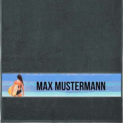 Manutextur Handtuch mit Namen - personalisiert - Motiv Surfen - viele Farben & Motive - Dusch-Handtuch - anthrazit - Größe 50x100 cm - persönliches Geschenk mit Wunsch-Motiv und Wunsch-Name