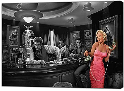 ARTSPRINTS James Dean Elvis Presley und Marilyn Monroe in Bar s/w Bild Reproduktion Druck auf gerahmter Leinwand, Wandkunst, Heimdekoration, 102 x 76 cm, 18 mm Tiefe