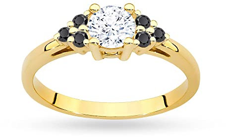Damen Verlobungsring aus Gold mit weißem Saphir 0,60Ct und schwarzen Diamanten 0,18Ct, 14 Karat Gold (585) | Goldring mit Box | Goldring für Frauen (Weißer Saphir mit schwarzem Diamanten, 57 (18.2))