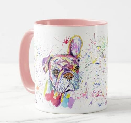 Vixar Frenchie Pup Französische Bulldogge Tier handgemaltes Design Aquarell Kunst farbige Tasse Tasse Geschenk Geburtstag Arbeit Büro Weihnachten Tee Kaffee (Rosa)