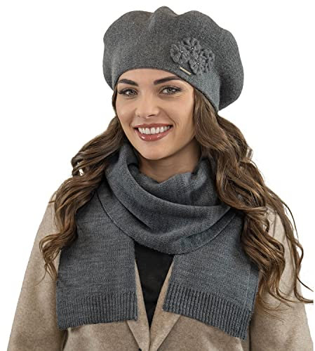 VIVISENCE Damen Baskenmütze Eleganter Wintermütze Und Schal Set Warm Kopfbedeckung Und Halsbedeckung An Winter Und Herbst Warm Dick, Winterset Für Frauen, Hergestellt In EU, Dunkelgrau