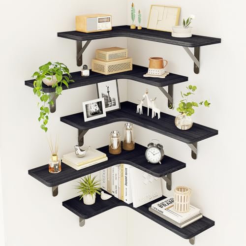 Fixwal Eckregale Schweberegale, Wandmontiertes Eckregal 5er Set, Rustikale Holz Wandregale für Badezimmer, Küche, Schlafzimmer oder Wohnzimmer (Schwarz)