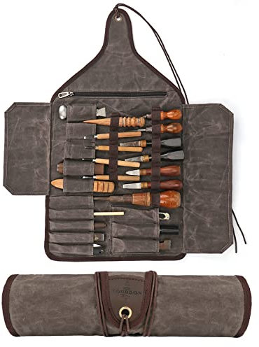 TOURBON Waxed Canvas Tool Roll Up Bag, 25-Pocket Wood Carving Chisel Carrying Case, Multi-Purpose Tool Pouch with Zipped Compartments