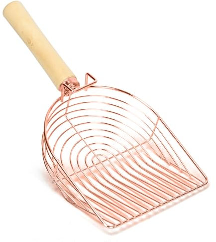 Nobleza Metal Cat Litter Scoop Non Stick Litter Scooper Fast Sifter with Wooden Handle Deep Shovel Pet Easy Cleaning Tool, Suitable for Clumping Litter, Rose Gold Color.