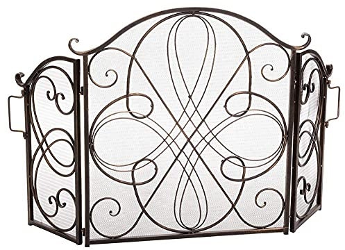 JUNNIU 3-teiliger Kaminschutz mit Griffen, faltbares Funkenschutzgitter aus Schmiedeeisen im Vintage-Stil, kindersicherer Kaminzaun, 52 x 33,5 Zoll Decoration