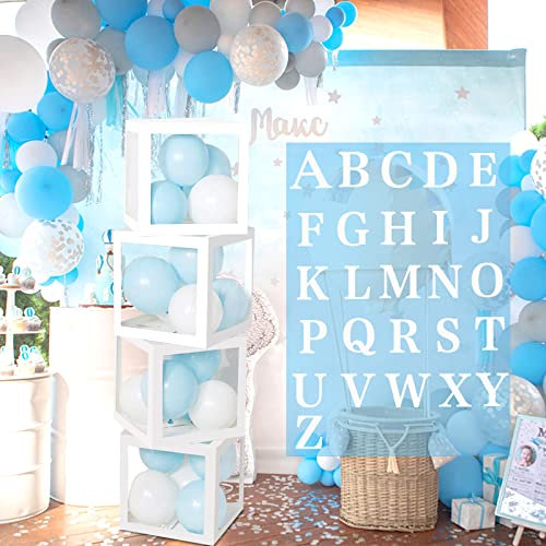 4 Pcs Party Decoration Balloon Box Baby Party Decoration Baby Shower Box White Transparent Square Balloon Boxes with 26 Letters A-Z for Boys and Girls Birthday Party Decoration,Gender Reveal Box