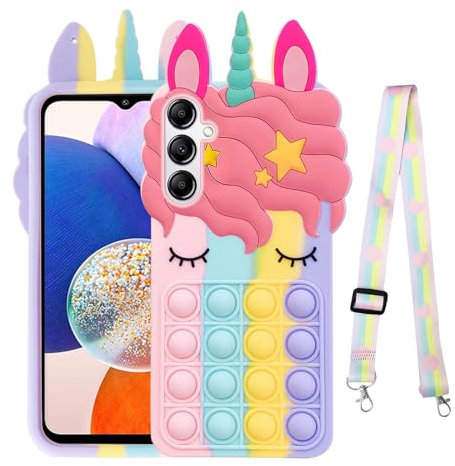 nancheng Schutzhülle für Samsung Galaxy A14 5G, niedliches Mädchen und Frauen, Cartoon, Silikon, Blasen, Pop, Kawaii, lustiges Spielzeug mit Schlaufe, Schlüsselband, stoßfeste Schutzhülle, Regenbogen