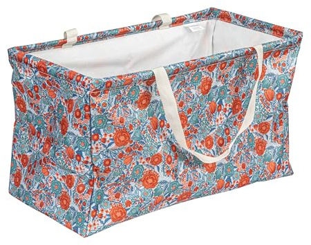 Household Essentials Large Canvas Utility Tote Bag with Handles | Collapsible Storage Basket for Laundry, Groceries, College, Beach, Car & More | Water-Resistant Lining | 11x22x13